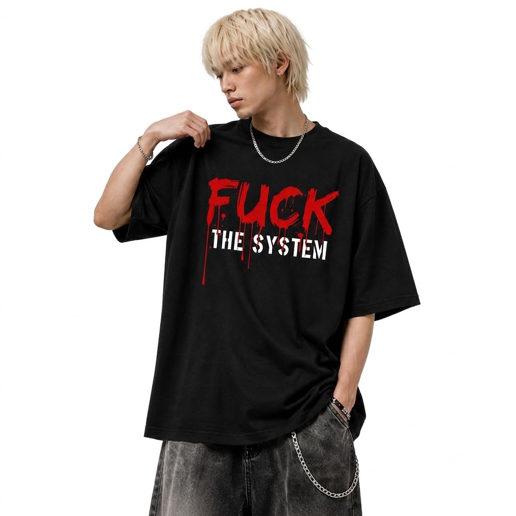Fuck The System Graphic T-Shirt - Men's Oversized Punk Rock Tee, Edgy Streetwear Drop Shoulder Short Sleeve Casual Heavyweight T-Shirt, Black-image-37