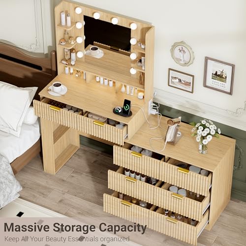 Image of Vanity Desk with Mirror and Lights, Fluted Makeup Vanity with 8 Drawers, Storage Shelves, RGB Light and Power Outlet, Bedroom Dessing Table for Women, Girls, Oak,56.7 inch