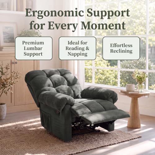 Image of Oversized Manual Recliner Chair with Side Pockets for Home, Gray