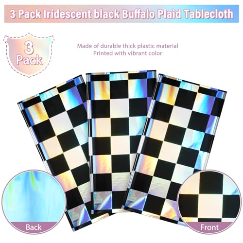 Image of 3Pack Black and Iridescent Checkered Plastic Tablecloth, Shiny Disposable Laser Rectangle Table Covers, Holographic Foil Tablecloth Iridescent Party Decorations for Picnic Camping Race Car, 54x108Inch