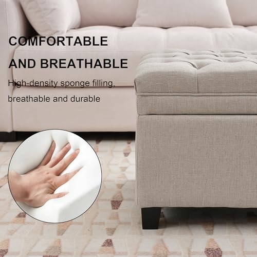 Image of 51 inch Storage Ottoman for Bedroom & Living Room, End of Bed Bench with Black Wooden Legs, Linen Upholstered Tufted Ottoman, Entryway Storage Bench, Beige