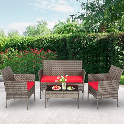 Image of FDW 4-Piece Patio Furniture Set | Gray & Red |Outdoor Wicker Furniture
