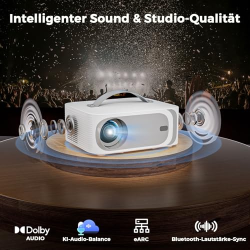 Beamer Passend für Netflix Dolby Audio|1600ANSI Lisowod HDR10 Mini Beamer 4K Heimkino mit eARC CEC | Auto Fokus & Trapezkorrektur Smart Projektor | Bluetooth 5.4 WiFi6 | Für Familienkino und WM-Party