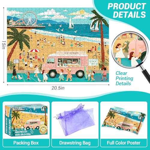 Rompecabezas de 500 piezas para adultos: escena nostálgica de playa y camión de helados, rompecabezas de puzle jigsaw con tema costero, actividad familiar desafiante, ideal como decoración mural o regalo para amantes de los puzles miniatura 2