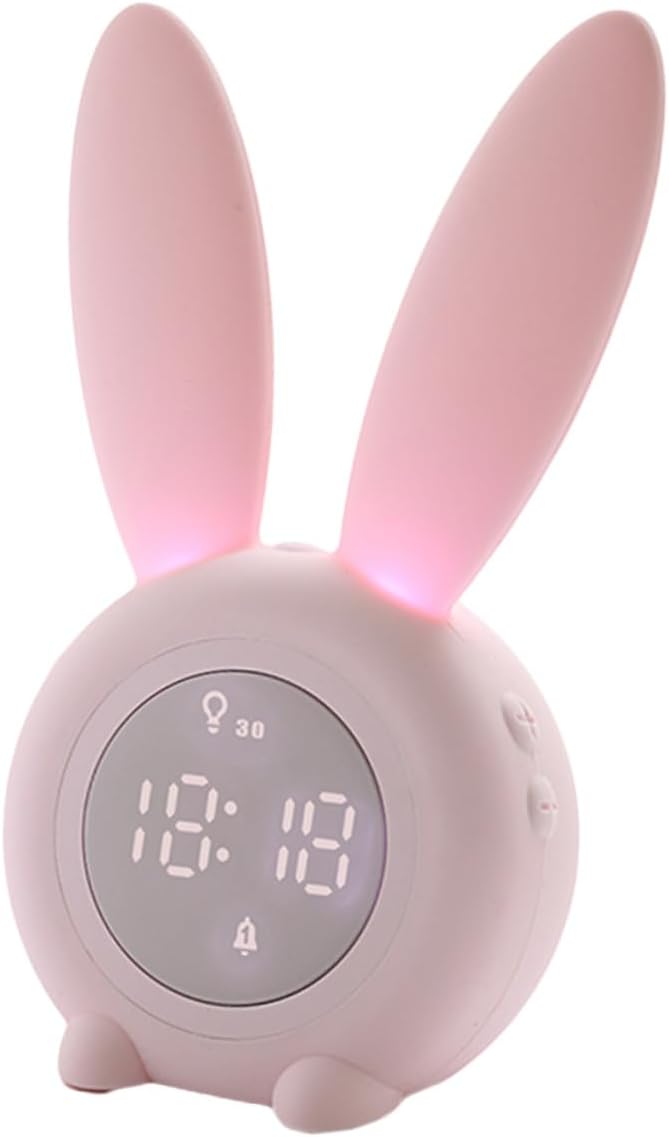 USB Rechargeable Bunny Ear Alarm Clock with LED Night Light Voice Control Countdown Timer Shaking Snooze Small Pink Desktop Rabbit for Bedroom Decor and Home Use