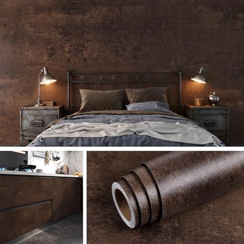 Livelynine 15.8x197 Brown Peel and Stick Wallpaper Prepasted Limewash Concrete Wallpaper Waterproof Rustic Contact Paper for Countertops Kitchen Renter Friendly Dark Wall Paper Bedrooms Living Room by Livelynine - Used condition - US$15.31