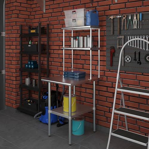 Image of AmGood Stainless Steel Work Table with 12 inch Wide Double Tier Overshelf | NSF (Stainless Steel Table with Double Overshelves, 24 inch Long x 30 inch Deep)