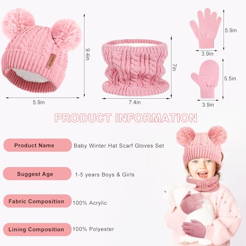 Hicdaw Kids Winter Hats Gloves Scarf Set Kids Mittens Double Pompom Cap Fleece Lined Toddler Beanie Hat for Boy Girl2