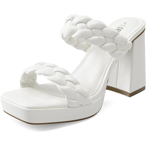 DREAM PAIRS Women's Two Braided Strap High Chunky Heels for Women Slip on Open Square Toe Block Platform Heels Sandals Holiday Party Wedding Dress Pumps Shoes