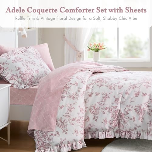 Image of Madison Park Essentials Adele Comforter Set Pink Floral Twin XL - Shabby Chic Vintage Bed in a Bag with Sheet Set, Reversible Ruffle Bedding, College Dorm Gift for Her Women Teen