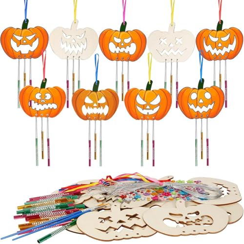 ZOOMPIL Halloween Kürbis Windspiel Set, Halloween Kürbis Holz Basteln Windspiele, Kinder Klangspiele Holzbastelset, Kreativsets Basteln für Draußen Hängend Halloween Dekoration