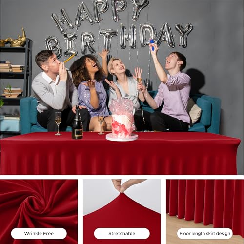 Image of HolidayIdeas 4 Pack Red Spandex Table Skirt for 6 Ft Rectangle Tables, Fitted Stretch Tablecloth 30 x 72 Inch, Wrinkle Resistant Ruffle Design for Valentine's Day, Monther's Day, Trade Shows, Parties