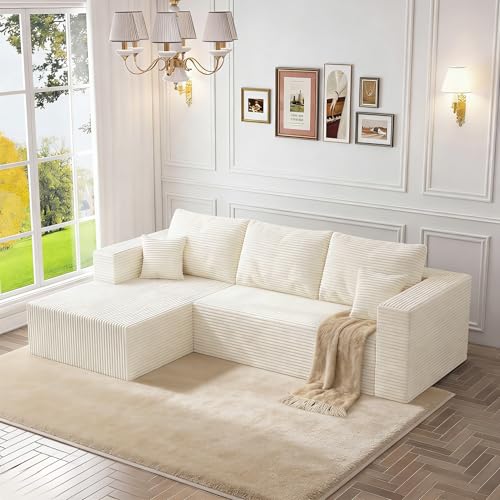 Image of 108 inch Cloud Couch Sectional,L-Shaped Boneless Couches for Living Room,Corduroy Modular Sectional Sofa with Deep Seats & Chaise,No-Assembly,Beige(Left Facing Chaise)