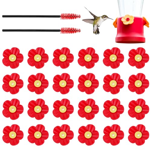 Tyqour 26pcs Hummingbird Feeders Replacement Flowers, Hummingbird Feeder Replacement Flowers with 2 Cleaning Brush, Hummingbird Feeder Parts for Outdoor Hanging Feeders(Red)