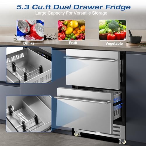 Image of Velivi 24'' Drawer Fridge Under Counter Beverage Refrigerator with Wheels | Outdoor for Patio, Stainless Steel Weather-Proof, Freestanding or Built-In Installation, Ideal for Home and Commercial Use