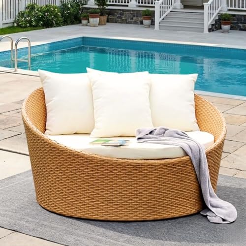 Image of DEVOKO Outdoor Wicker and Rattan Daybed Furniture Set in Beige & White, Perfect for Outdoor, Poolside, Garden, Balcony, Porch, Backyard, Terrace, Patio, Beach Round Sofa, 1 Seater