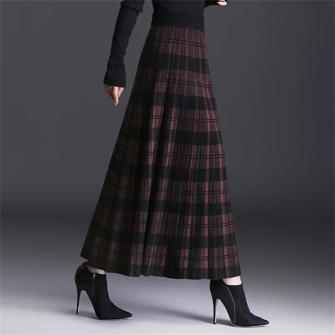 Falda midi de punto a cuadros para mujer, para otoño e invierno, falda midi acampanada