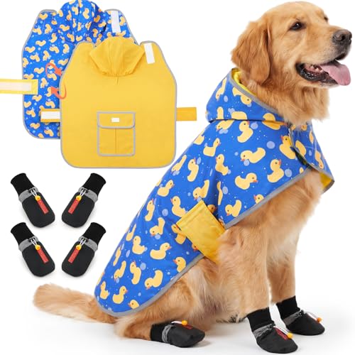 Sunnymove Dog Raincoat and Shoes for Weighing 35-50lbs, Spring Summer Waterproof Dogs Boots & Paw Protectors, Adjustable Pet Poncho with Leash Hole for Large Medium Small Dogs, Yellow(Double Side)