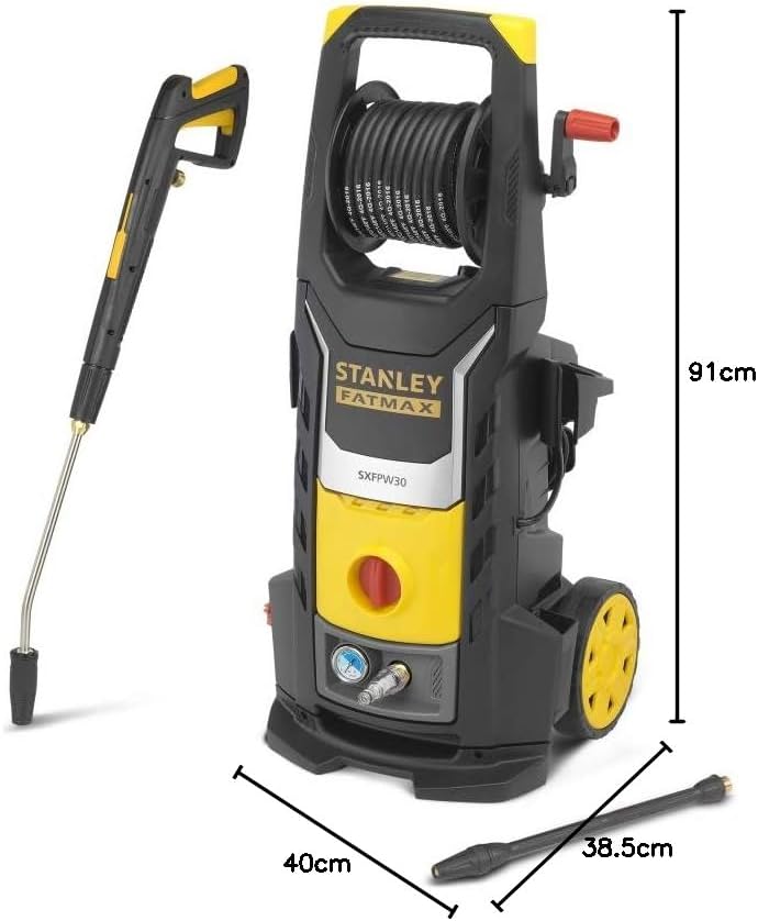 Stanley SXFPW30E Pressure Washer with dimensions and accessories