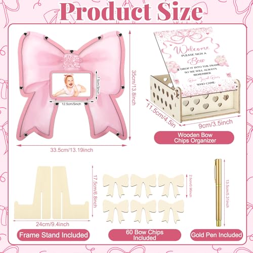 Image of Wenqik 63 Pcs Coquette Pink Bow Baby Shower Guest Book Alternatives Set Baby Shower Decorations with Photo Frame Sonogram Frame Keepsake 60 Wood Slices Guest Book for Birthday