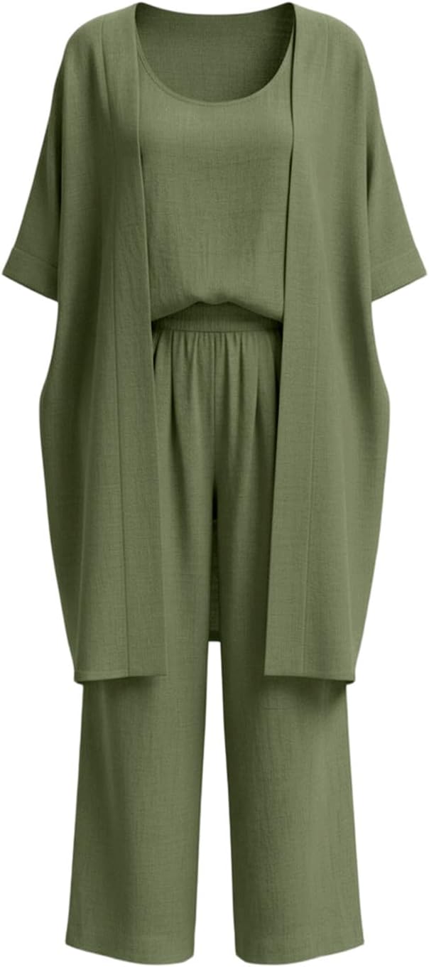 Womens 2 Piece Outfits Loose Long Cardigan Spaghetti Strap Wide Leg Jumpsuits Summer Matching Sets with Pockets