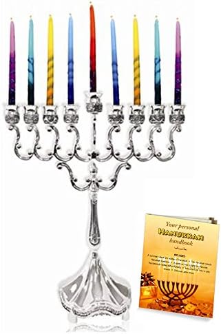 Silver Plated Hanukkah Candle Menorah 6.5" x 8.5" with Menorah Lighting Guide!