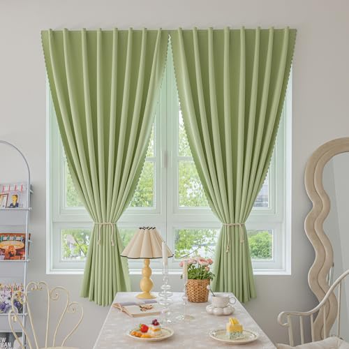 Jilron Magic Tape Stick on Curtains Blackout Curtains for Bedroom no Drillng Self Adhesive Curtain no Rod Small Window (Green, 59" W x 59" L) 2 Panels