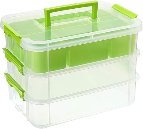 BTSKY 3 Layer Stack & Carry Box, Plastic Multipurpose Portable Storage Container Box Handled Organizer Storage Box with Removable Tray for Organizing Sewing, Art Craft, Supplies Green