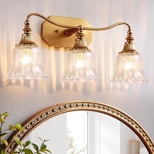 Image of LmnLvn Brushed Gold 3-Light Bathroom Light Fixture, Crystal Glass Shade