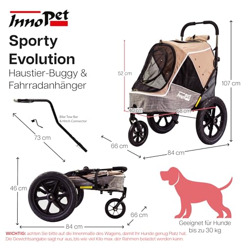 Hundebuggy und Fahrradanhänger für Hunde - Innopet Sporty Evolution Latte 2-in-1 - Beige/Grau - Reflektoren & Sicherheitsleinen - Hundewagen für alle Untergründe