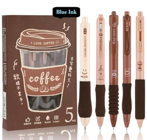 Image of Shuttle Art 5 Pcs Coffee Theme Pen Set 0.5mm Blue Ink Retractable Pens with Soft Rubber Grip | Fine Point Smooth Writing Pens for Journaling, School, Office & Stationery Lovers