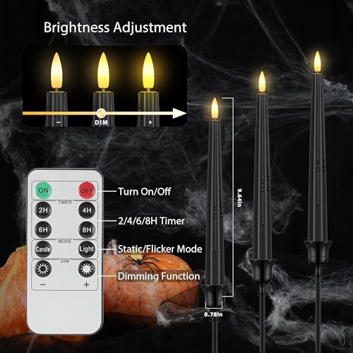 Image of SHENSY 3 Pack Halloween Black Flameless Taper Candles -Drip Real Wax Battery Operated LED Candlesticks with 3D Flickering Flame, Remote & Timer - Haunted Decor for Spooky Tables & Windows