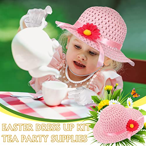 Honoson 12 Pieces Girls Tea Party Dress Kit Party Supplies Flower Sun Straw Hat Cute Bag Purse Elegant Gloves Pearl Necklaces Easter Party Accessories Tea Party, Pink, Yellow, Purple #TOP5