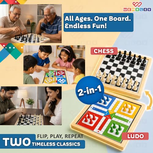Image of Wembley 2 in 1 Magnetic Wooden Chess Board Set and Ludo Board Game, Magnetic Chess Set with Pieces, Ludo Game for Kids, Family Board Game for Boys and Girls