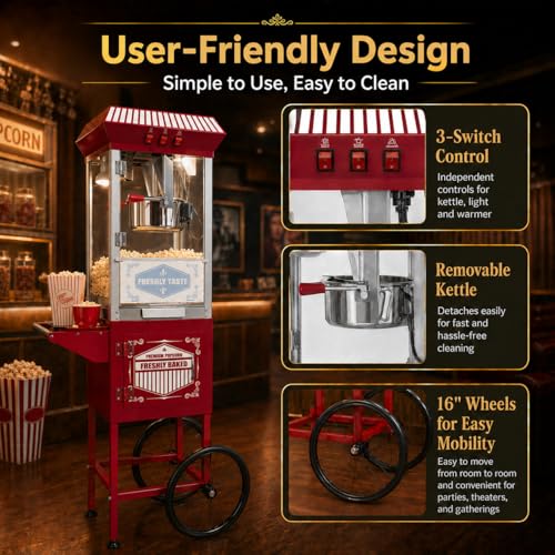 Image of 12 Oz Commercial Popcorn Machine Cart, 800 W, Popcorn Maker Machine with Stainless-Steel Kettle, Movie Theater Popcorn Machine with Steel Frame Tempered Glass Doors & Heated Warming Deck, Red