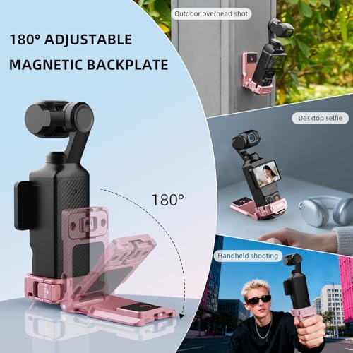 Image of Pocket 3 4 Magnetic Mount Stand, Expansion Adapter Magnet Holder & Cold Shoe for Xtra Muse 180 Adjustable Handle Aluminum Metal Clamp Frame Case Desk Base for DJI Osmo 3 4 Pink Accessories