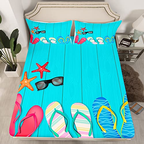 Coastal Beach Theme Bed Sheets Set Queen Size,Funky Flip-Flops Sunglasses Sheet Set Vintage Blue Wooden Board Sheets Summer Holiday Themed Flat Fitted Sheet With 2 Pillow Cases,Hawaii Room Decor #TOP1