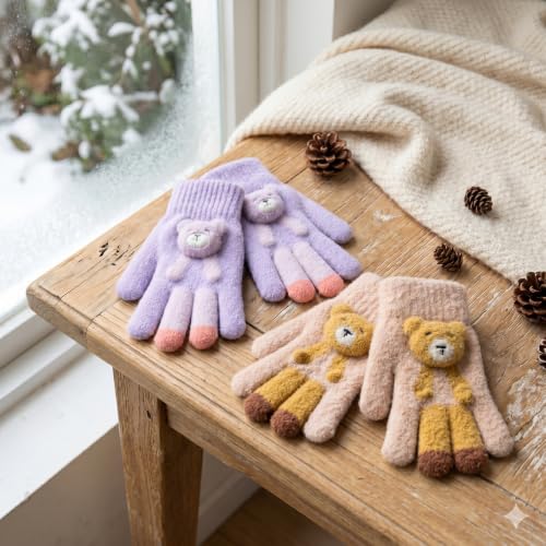 Image of Kids Winter Woolen Hand Gloves for Girls (Age 8-12 Years) | Soft Warm Knitted Gloves | Cute Teddy Bear Design | Cold Weather Gloves | Pack of 2 Pairs