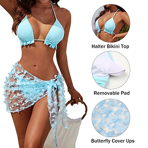 Blooming Jelly Womens 3 Piece Swimsuits Triangle Halter Thong Bikini Set Butterfly Bathing Suits Sarongs(Small, Blue) - Image 5