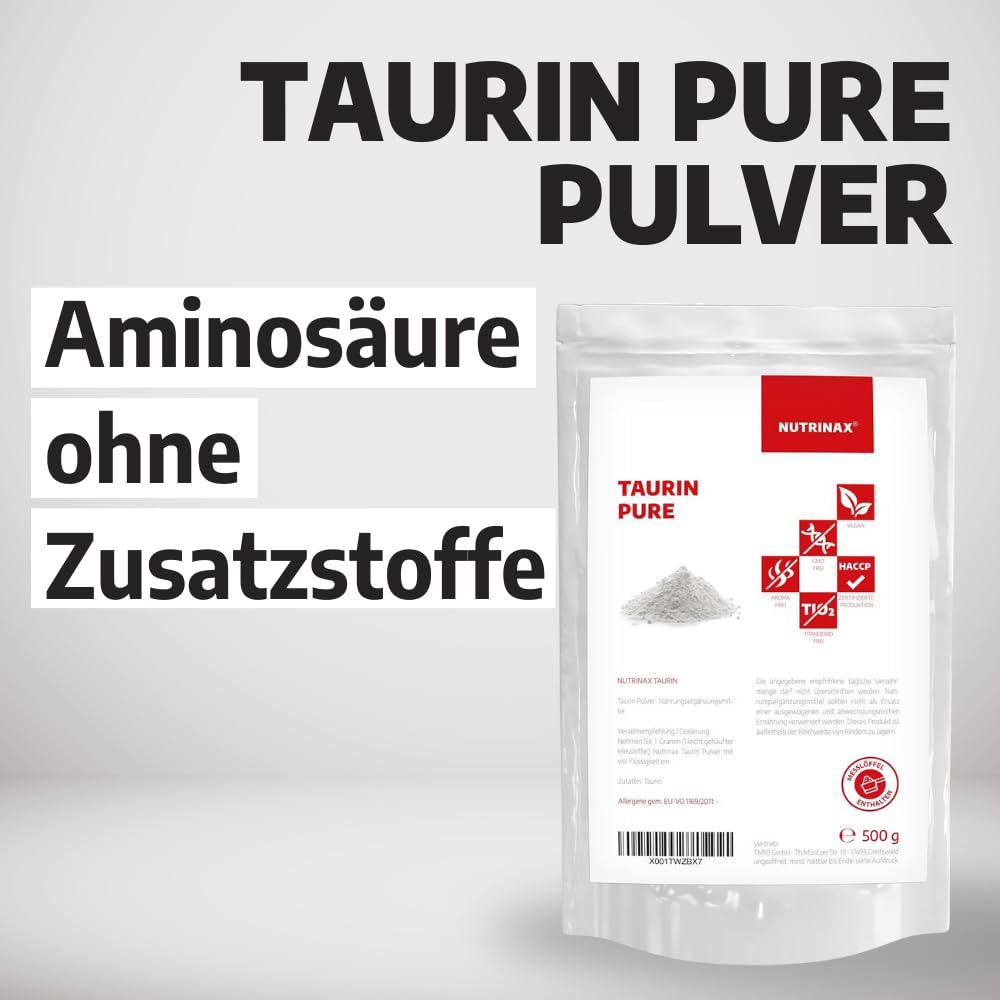 Poudre de taurine | Acide aminé | Hautement dosé | 500 g de L-taurine pure | Végétalien | Sans additifs | Dans un sac zippé pratique