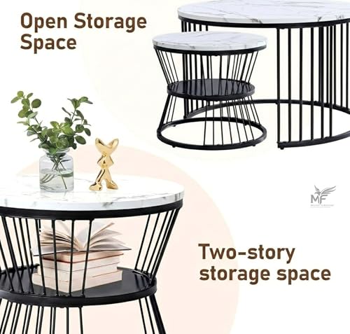 Image of MELVON Lightweight Nesting Coffee Table Set of 2, Black Frame with White Marble Look Top, Round Center & Side Table for Home