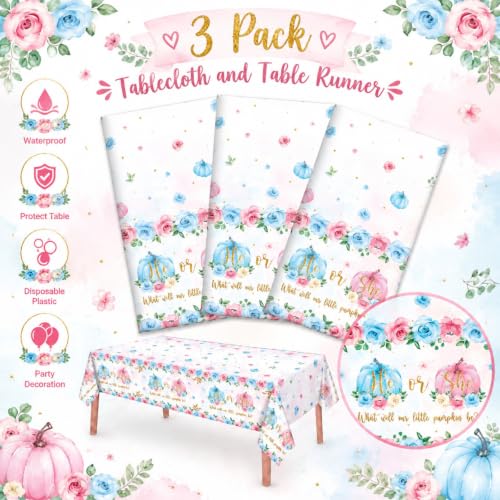 Image of Ganeen 3 Pcs Fall Pumpkin Gender Reveal Tablecloth Plastic, 54 x 108 Inch