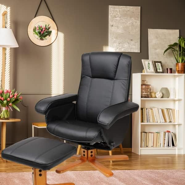 EVRE Armchair With Foot Stool & Reclining Functions Swivel Padded Faux Leather - Black