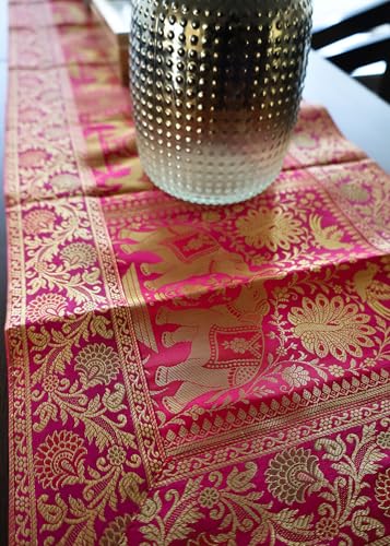 Image of Indian Traditional Decorative Silk Table Runner Kitchen Dining Good Luck Table Cloth for Wedding Bridal Birthday Party Decorations - 60x16 Inches (Dark Pink)