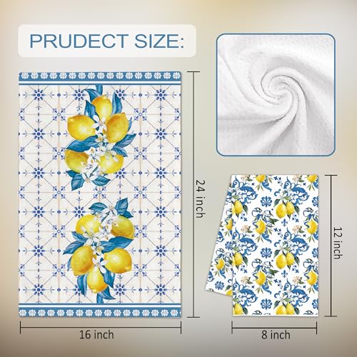 Image of FUTBU Lemon Summer Kitchen Towels, Bule Diamond Check Bamboo Lemon Dish Towels Set of 2 for Bathroom Decor, 18x26Inch Drying Dishcloth Farmhouse Holiday Summer Decoration