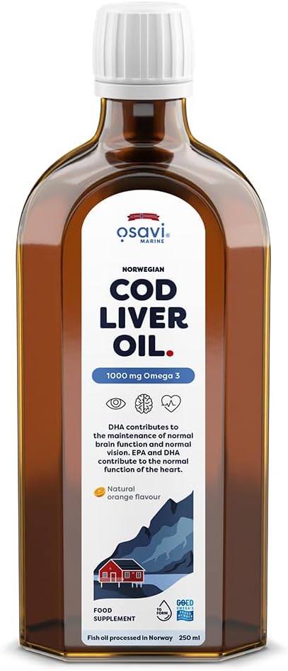 Norwegian Cod Liver Oil 1000 mg Omega 3 – 250 ml | Orange Flavor | DHA & EPA for Heart, Brain & Vision Health | Supports Immune Function | Sourced from Wild Atlantic Cod