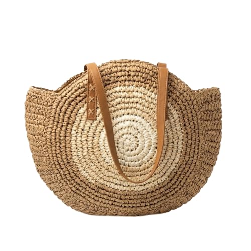 Bolso redondo de paja tejida para hombro, bolso tote para playa y vacaciones de verano, con forro y detalles en cuero, con cierre de cremallera miniatura 5