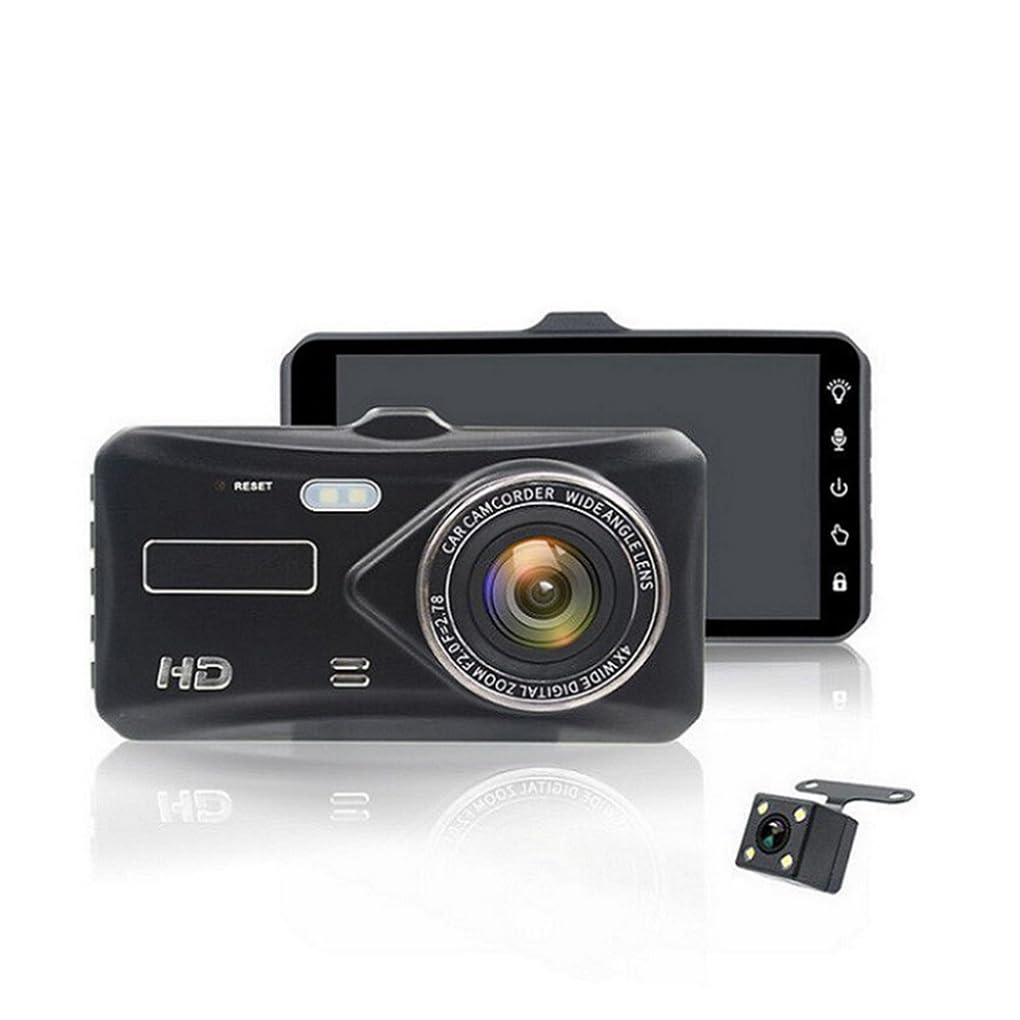 Dash cam con schermo da 4 pollici e notturna per registrazioni | giorno e di notte, con doppia registrazione anteriore e posteriore e funzione di retromarcia.