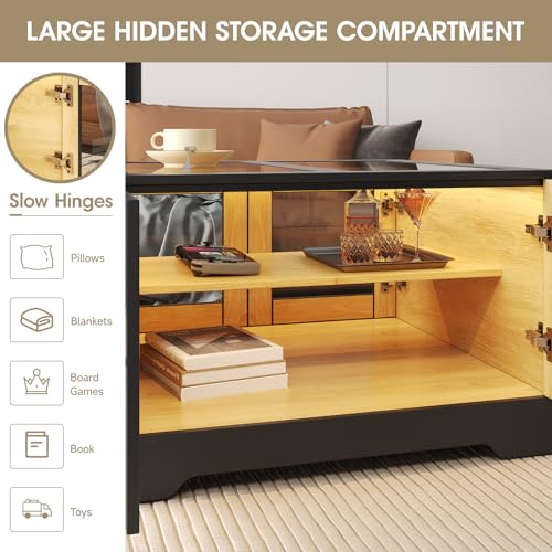 Fameill Square Led Coffee Table With Storage Space, Modern Black Wooden Coffee Table With Glass, Living Room Central Table thumb #2