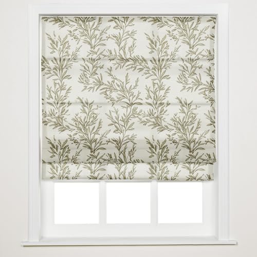 Image of TWOPAGES No Drill Cordless Vintage Leaf Print Roman Shades Linen Textured Roman Blinds for Windows, Custom Made Room Darkening Light Filtering Roman Window Shades, Stone, 1 Piece